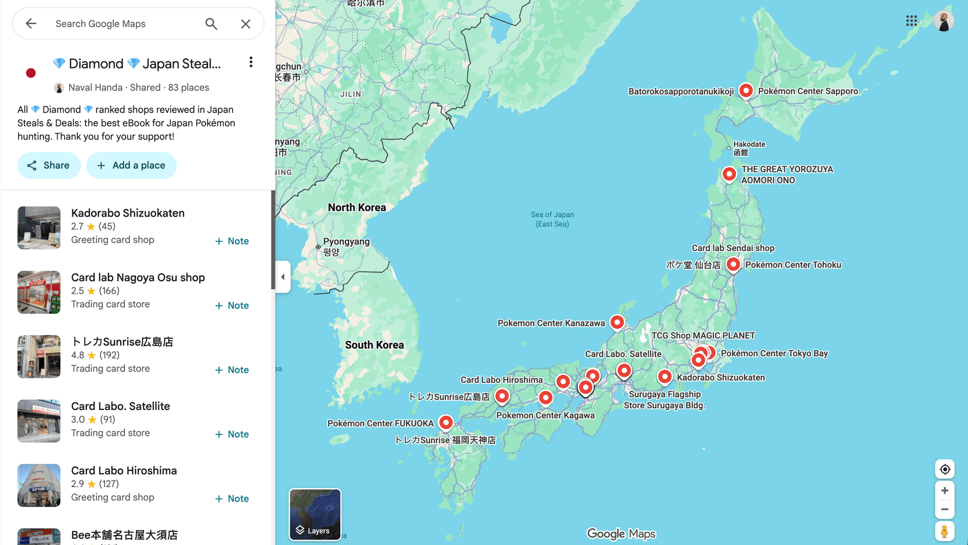 Google Maps Diamond-rated Pokémon card shops list showing 83 places across Japan