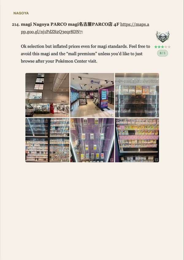 Nagoya PARCO manga review page with shop photos and collector ratings