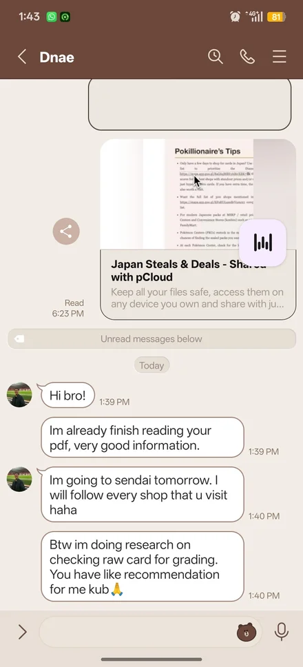 Chat message from collector Dnae confirming the guide has very good information before a Sendai trip