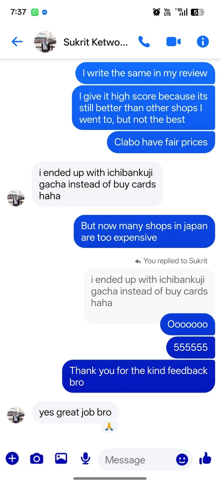 Chat with collector Sukrit discussing fair shop prices and card hunting experiences in Japan